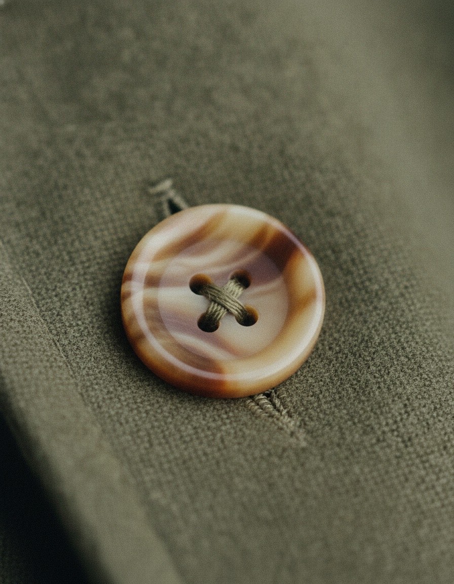 Macro detail of a four-hole horn button on wool flannel.