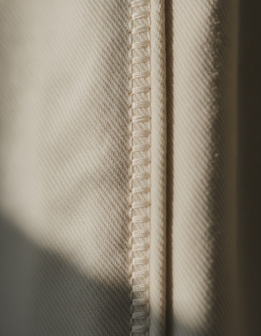 Macro detail of a single-needle felled seam on cotton twill.