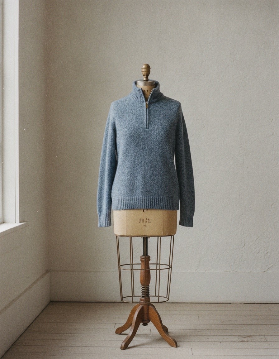 An unbranded quarter-zip knit on a vintage wooden dress form.