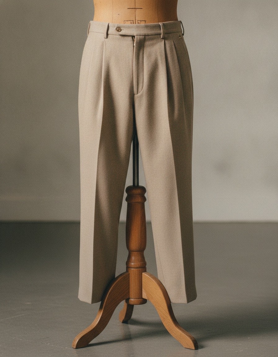 An unbranded pleated trouser on a wooden tailoring form.