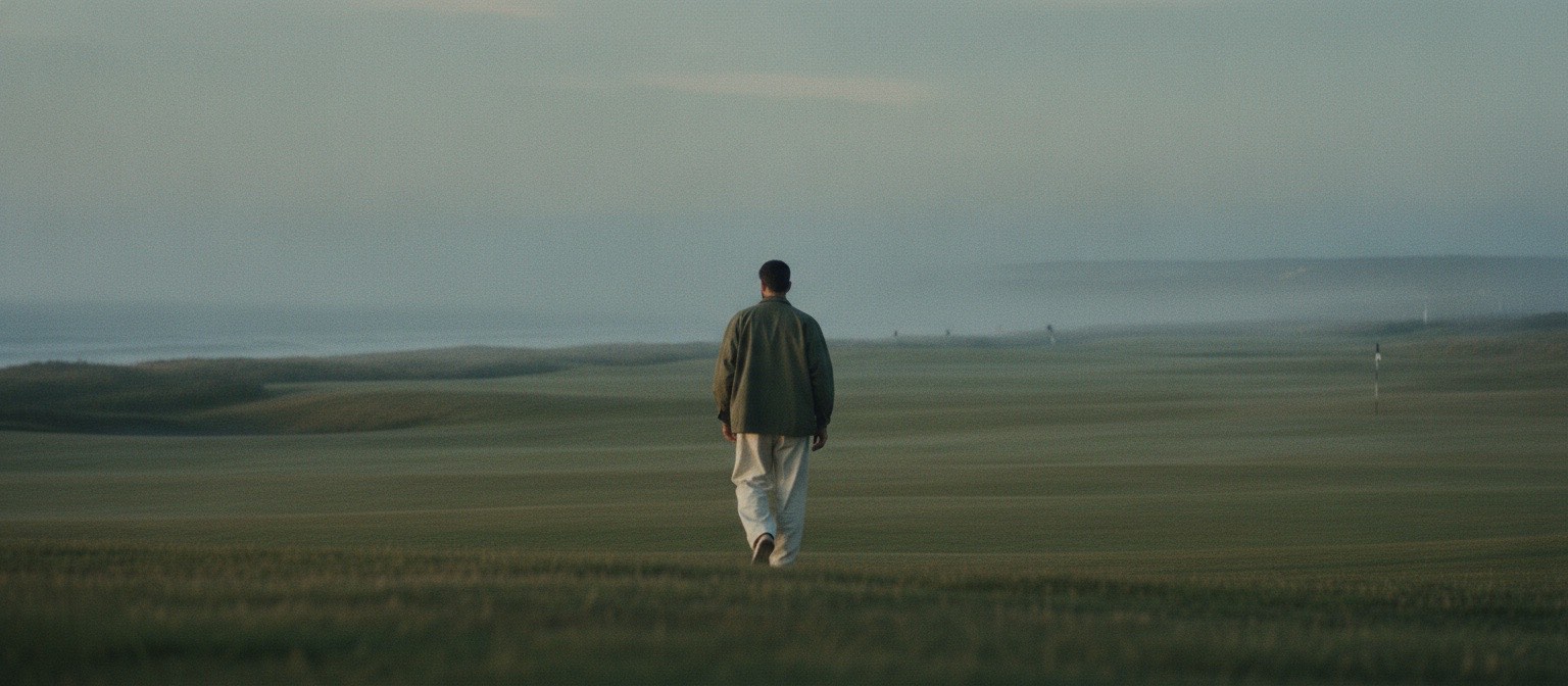 A man walking away across a coastal golf links at dawn, wearing an unbranded olive overshirt.