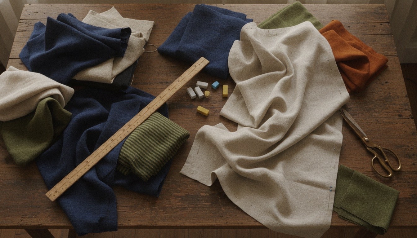 A design studio table with fabric swatches, a wooden ruler, and pinned muslin.